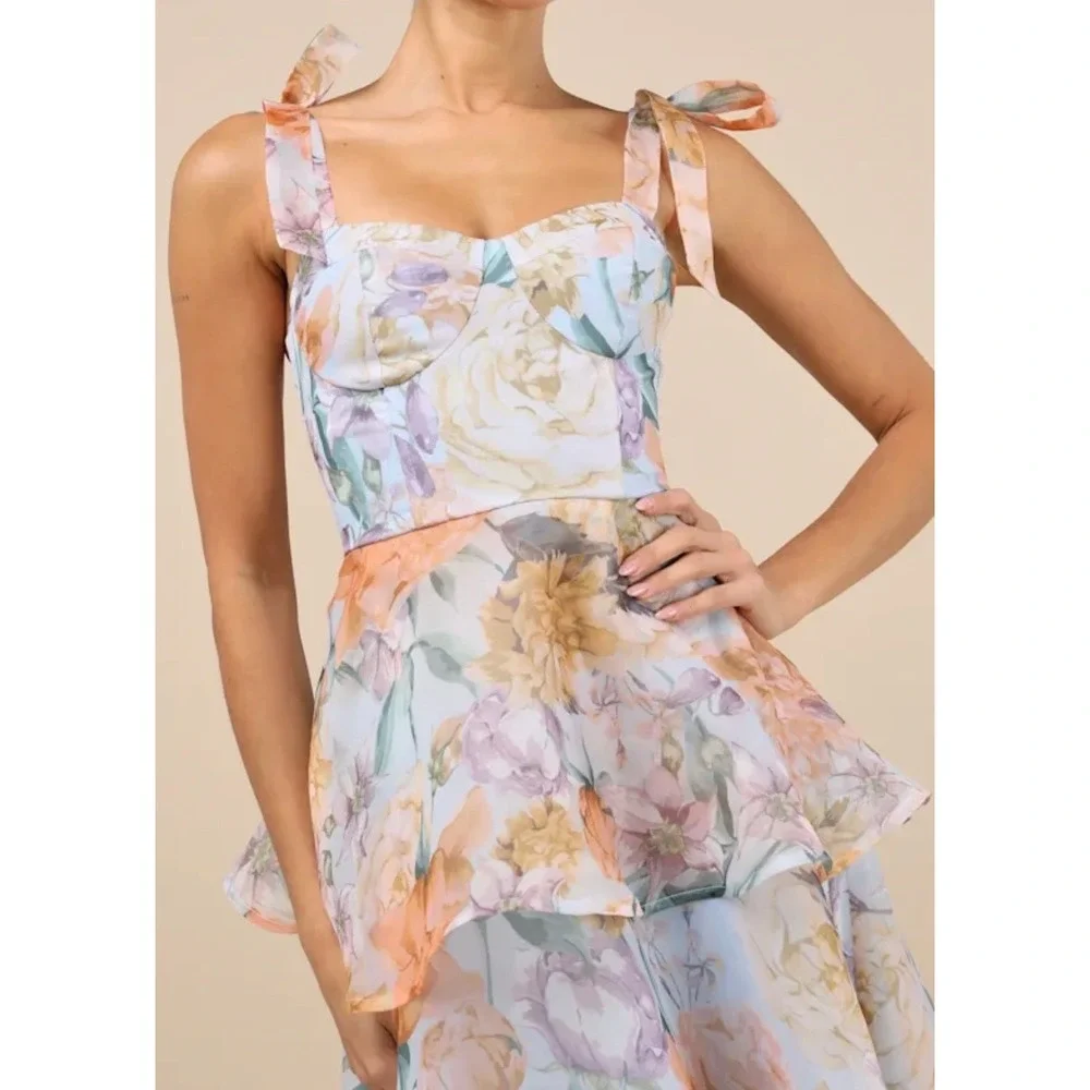 Lulus Playfully Posh Blue Floral Organza Tie-Strap Tiered Midi Dress Small NWT